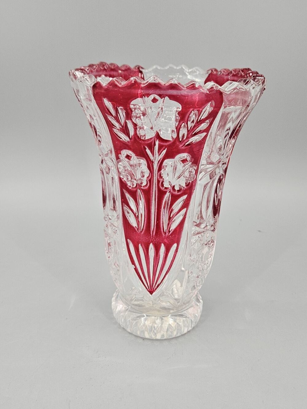 Vase Clear Red Cranberry Painted Glass Floral Pattern